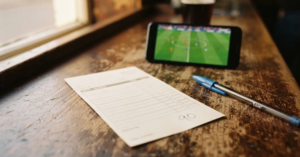 A blank paper betting slip beside a pen on a wooden counter