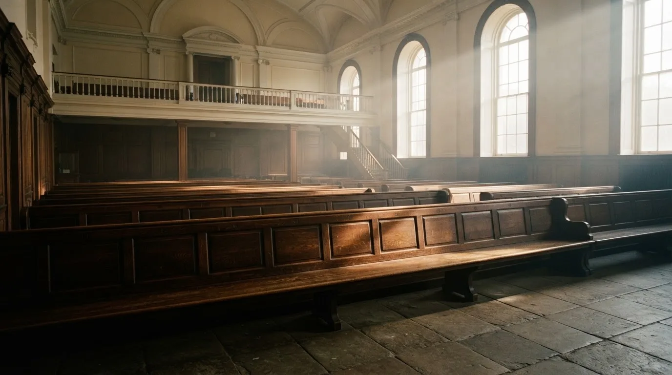 An empty courtroom with wooden benches in morning light