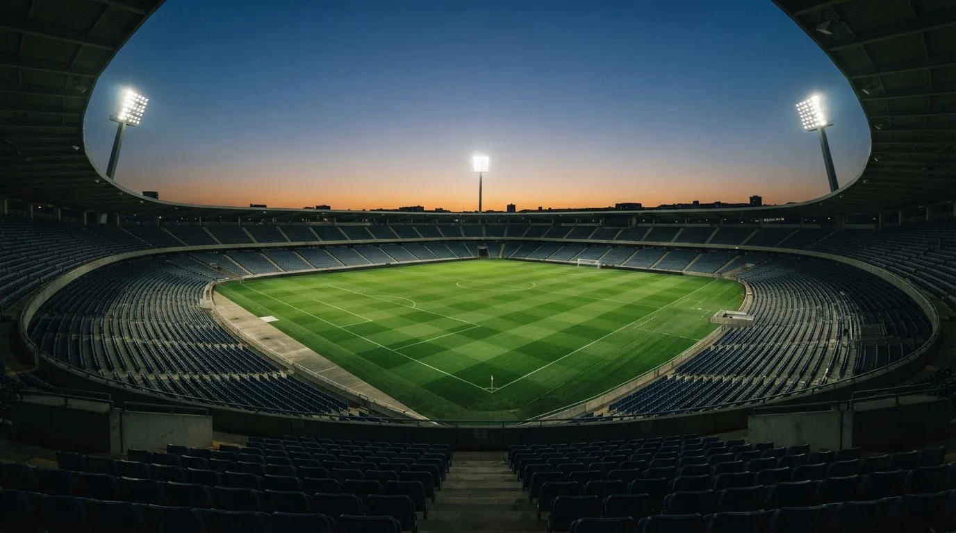 An empty football stadium with floodlight masts at dusk