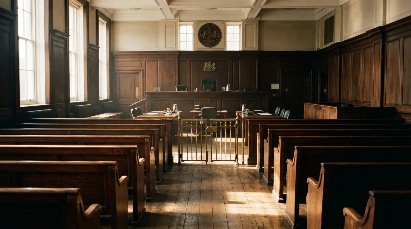 An empty courtroom with wooden benches in morning light