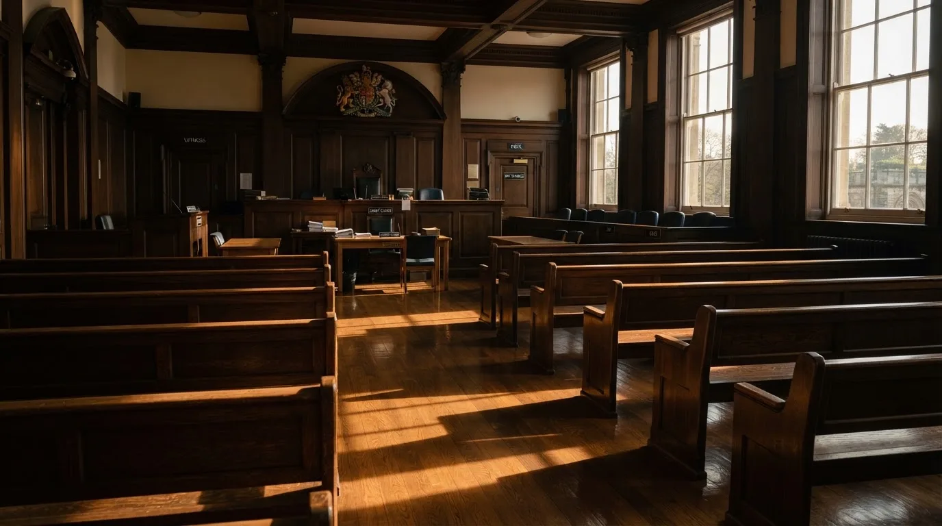 An empty courtroom with wooden benches in morning light