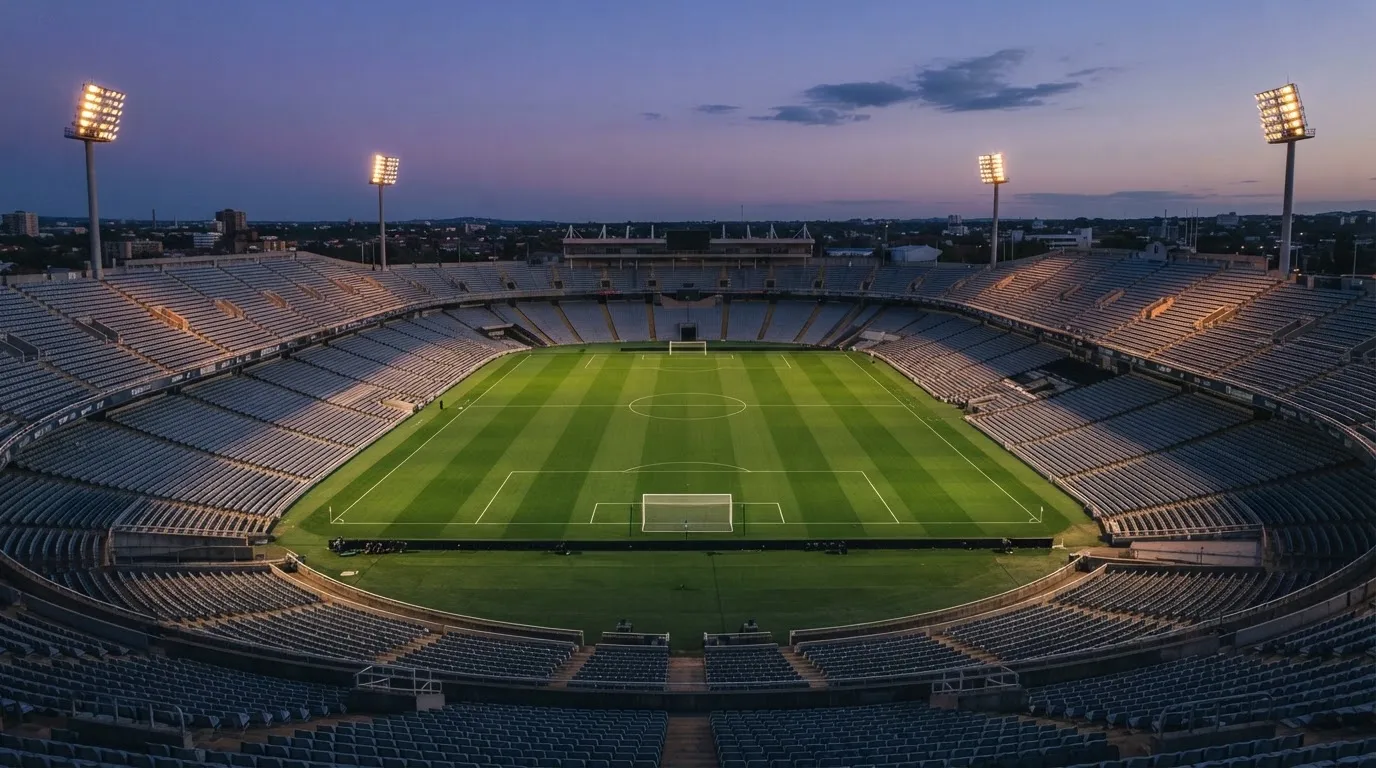 An empty football stadium with floodlight masts at dusk
