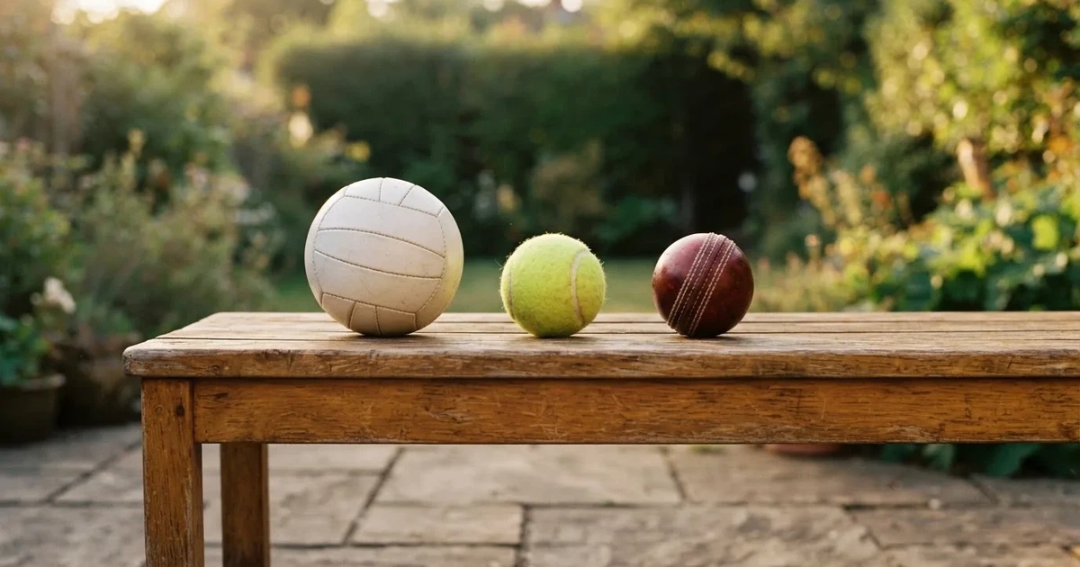 Three balls of different kinds side by side on a wooden bench