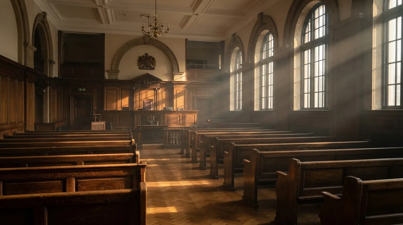 An empty courtroom with wooden benches in morning light