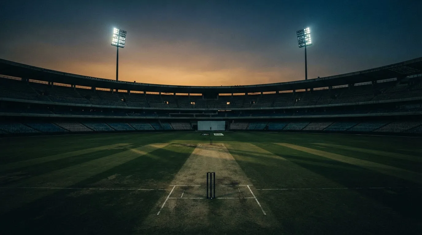An empty football stadium with floodlight masts at dusk