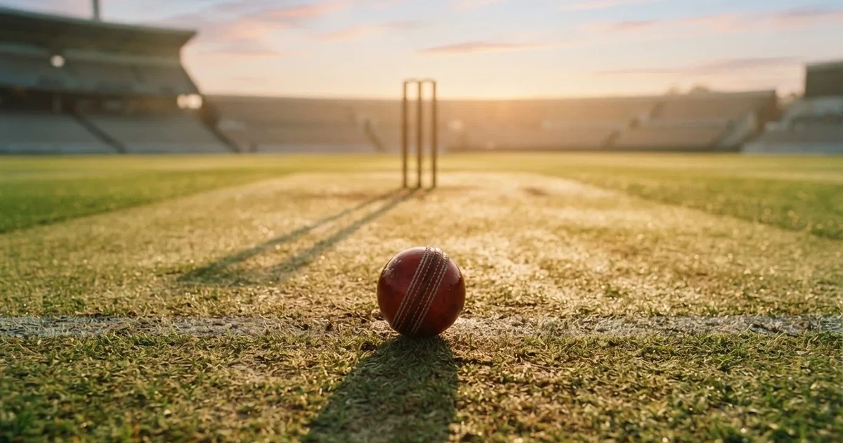 A ball on the centre spot of a grass pitch in morning light
