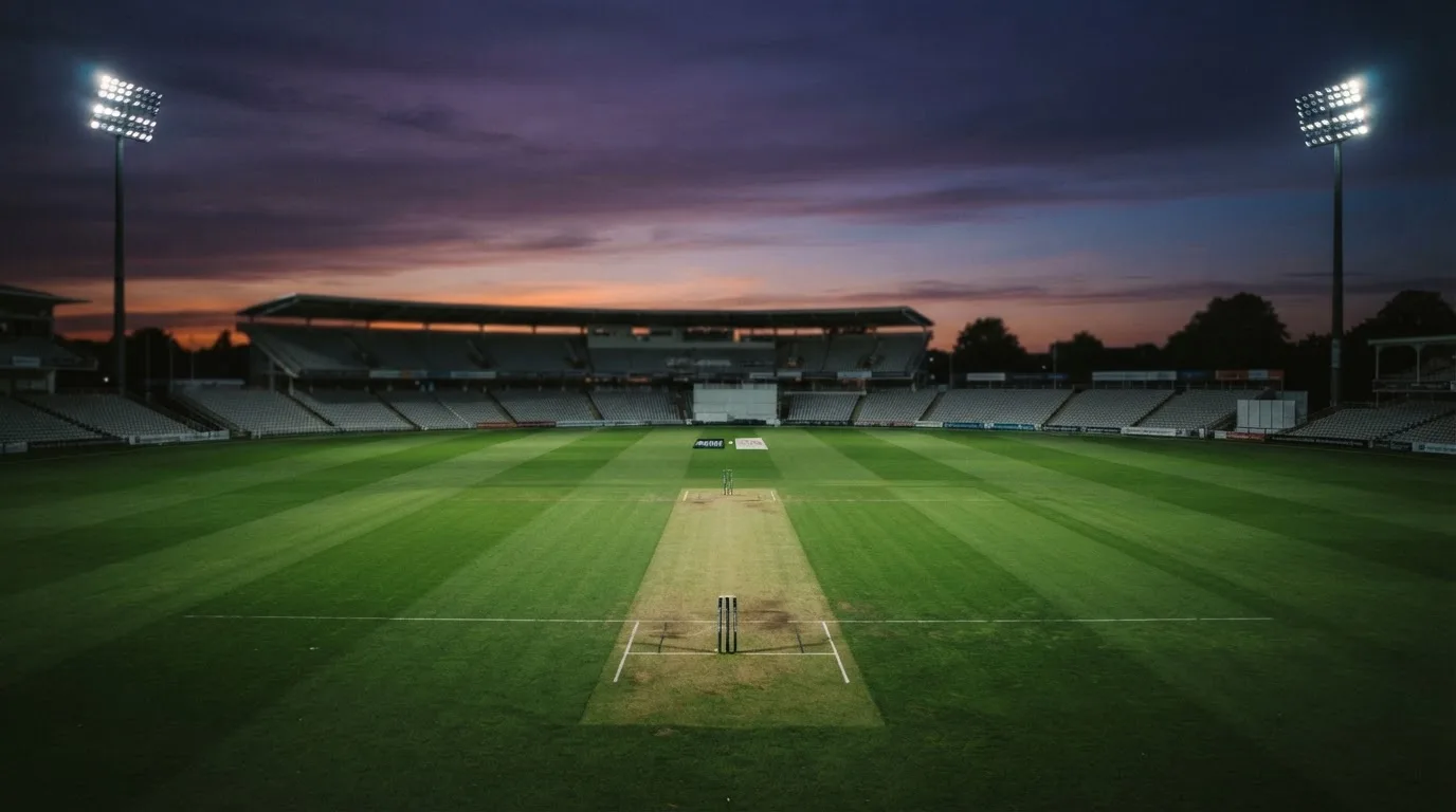 An empty football stadium with floodlight masts at dusk