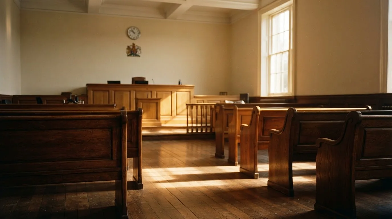An empty courtroom with wooden benches in morning light