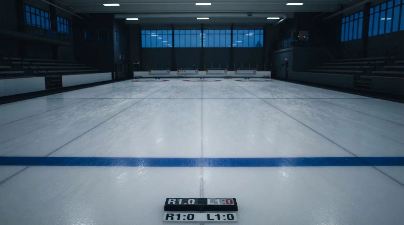 An empty football stadium with floodlight masts at dusk
