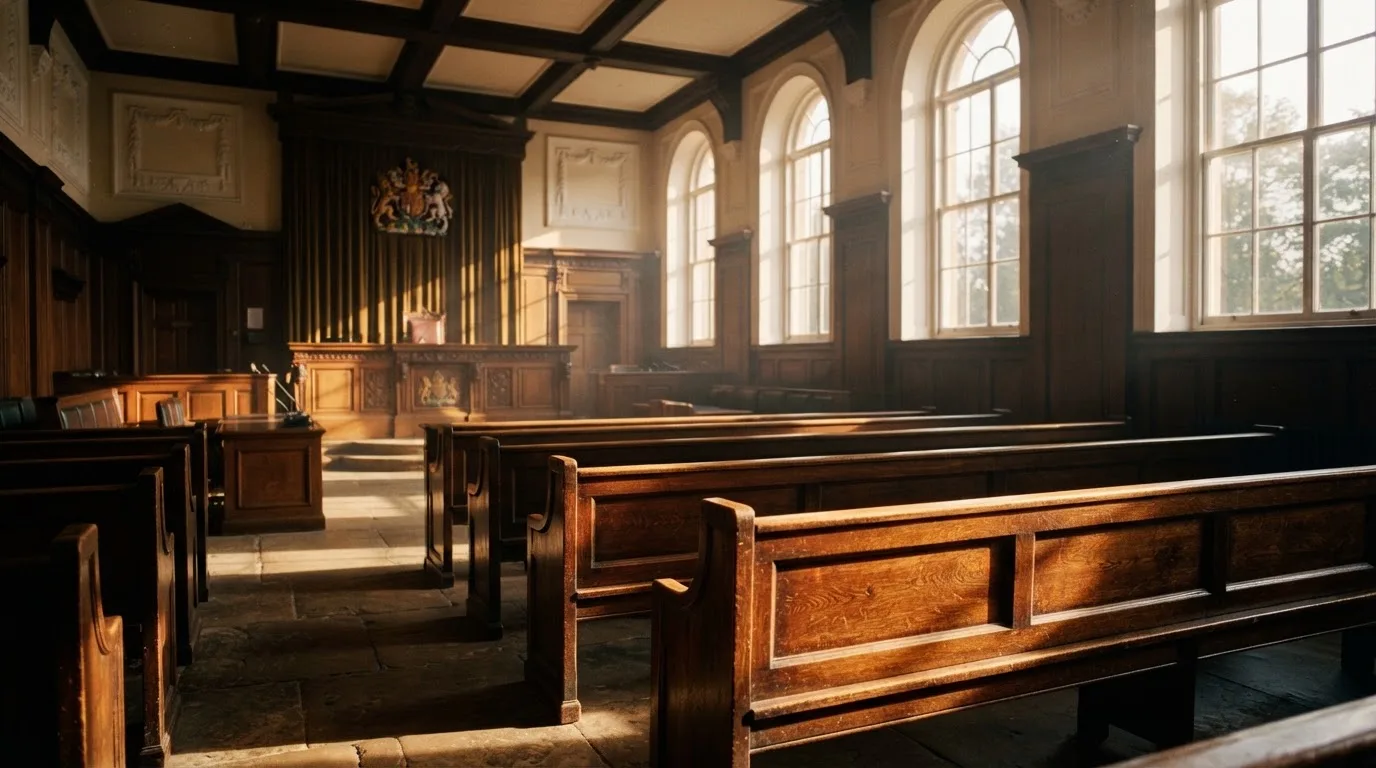 An empty courtroom with wooden benches in morning light