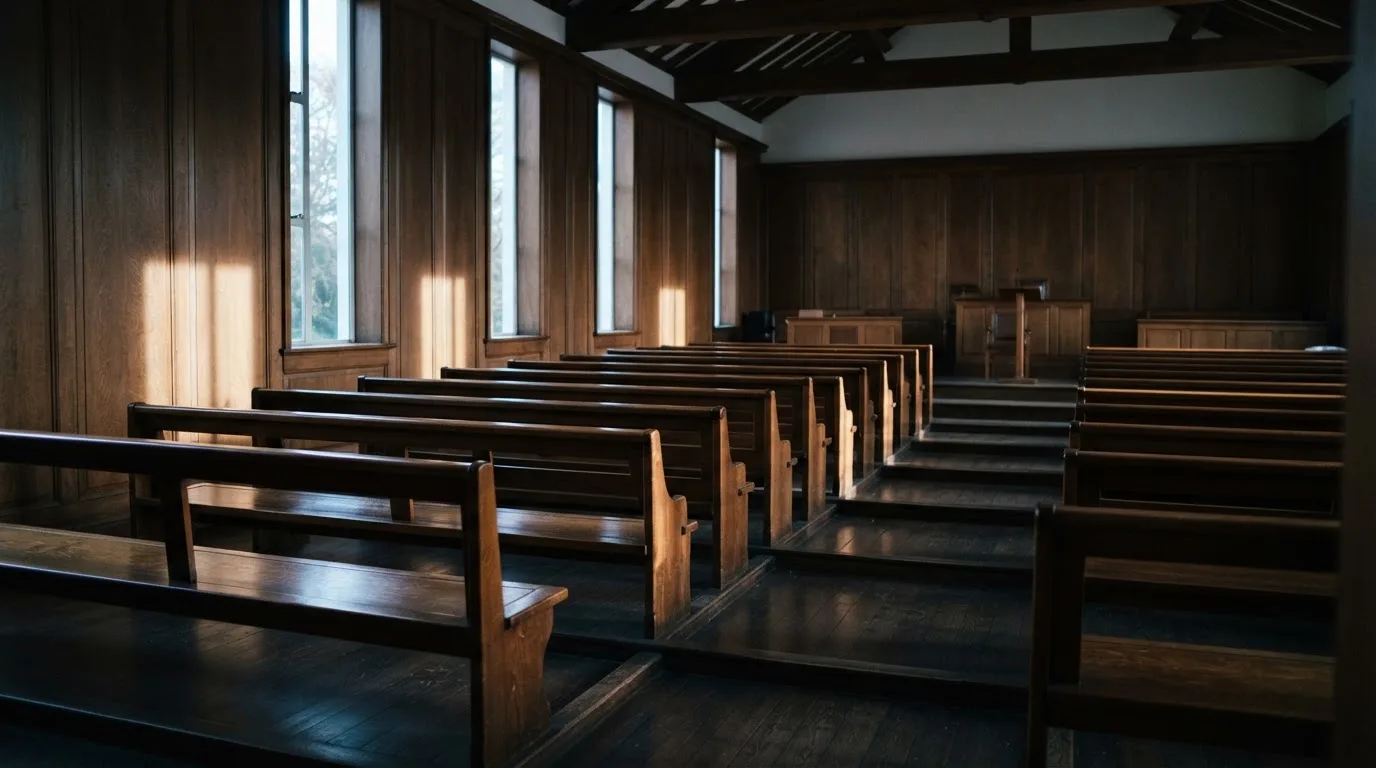 An empty courtroom with wooden benches in morning light