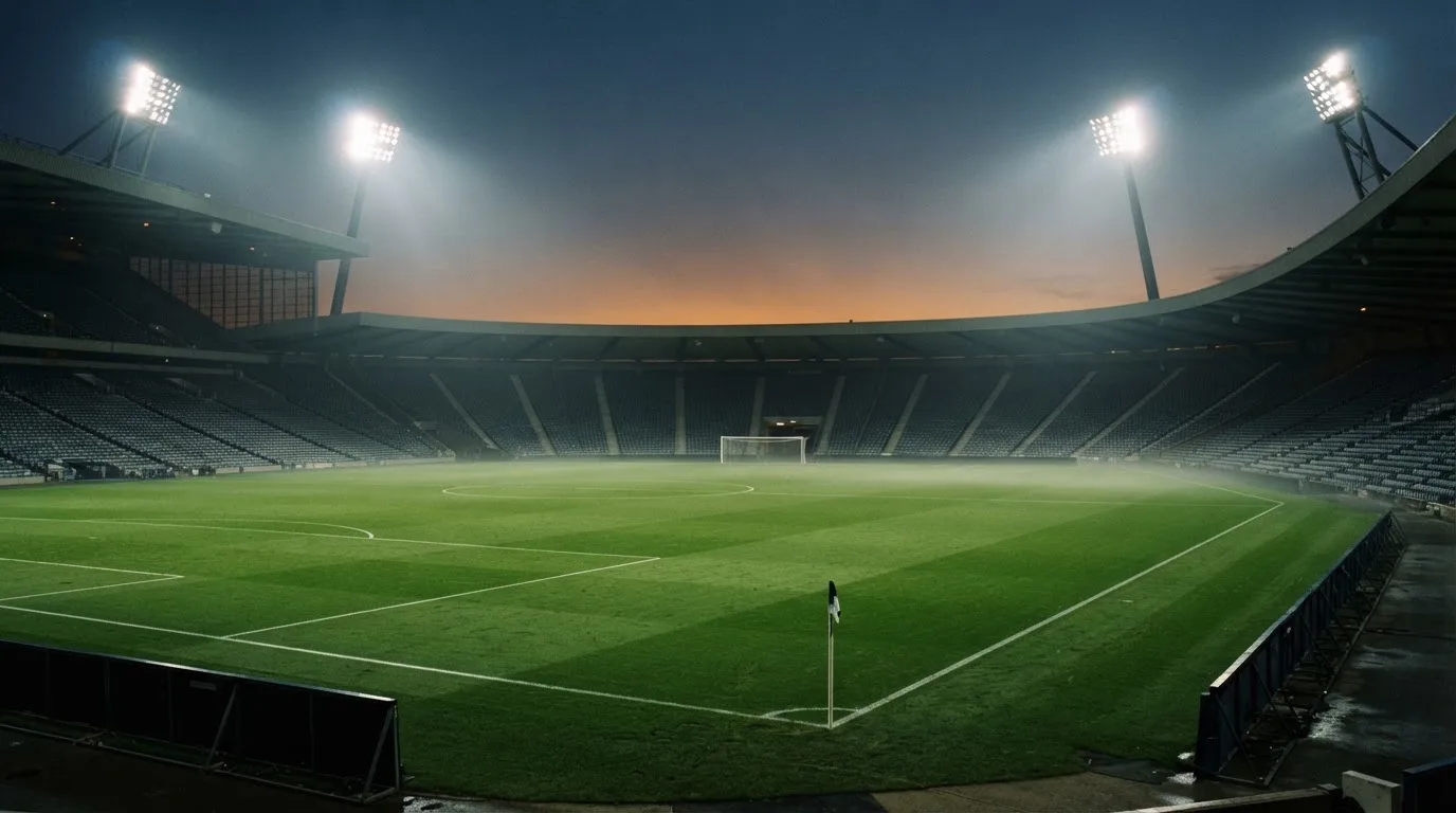 An empty football stadium with floodlight masts at dusk