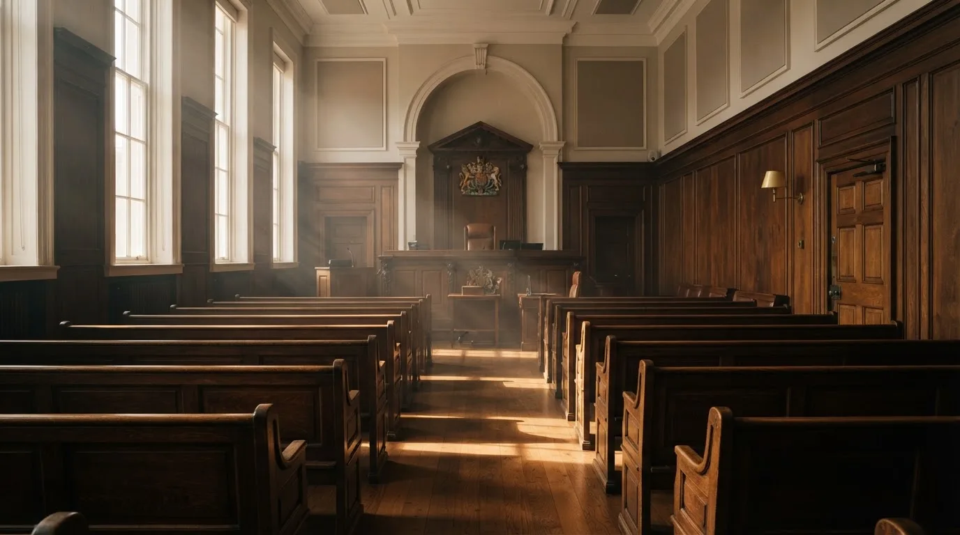 An empty courtroom with wooden benches in morning light