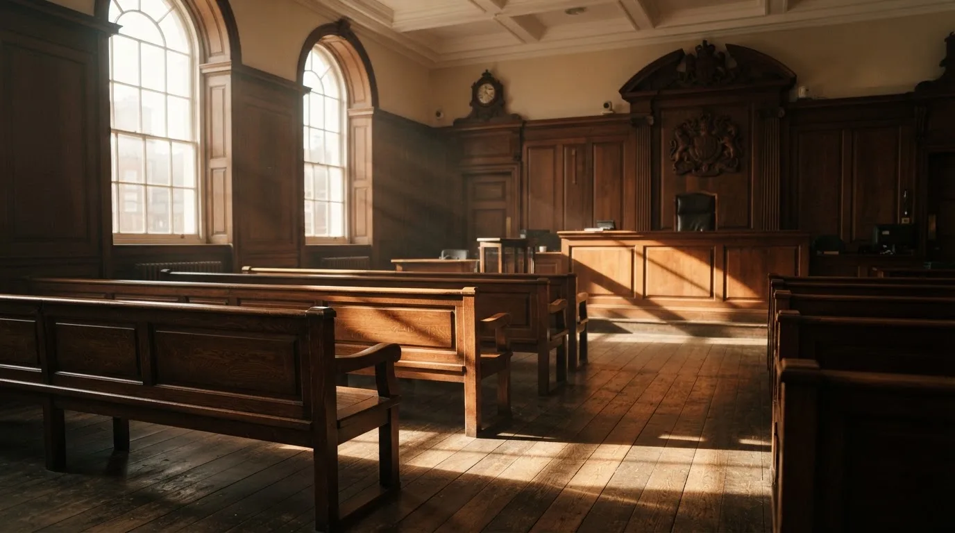 An empty courtroom with wooden benches in morning light
