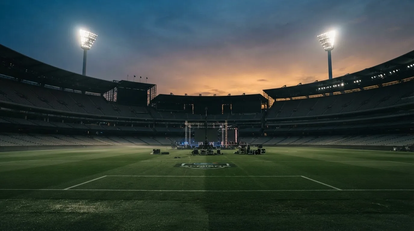 An empty football stadium with floodlight masts at dusk