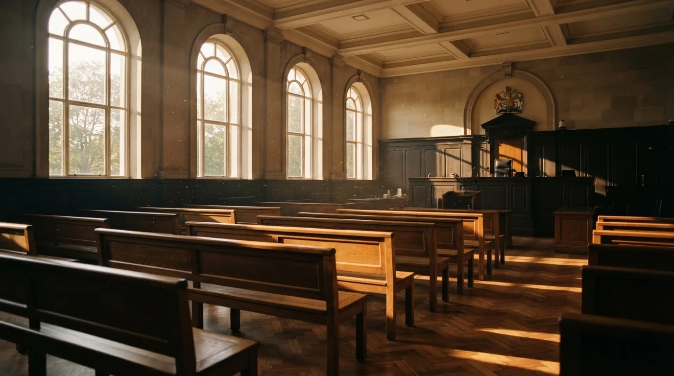 An empty courtroom with wooden benches in morning light