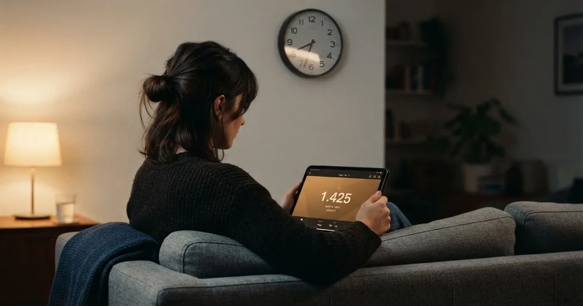 A person on a sofa looking thoughtfully at a tablet, a wall clock in the background