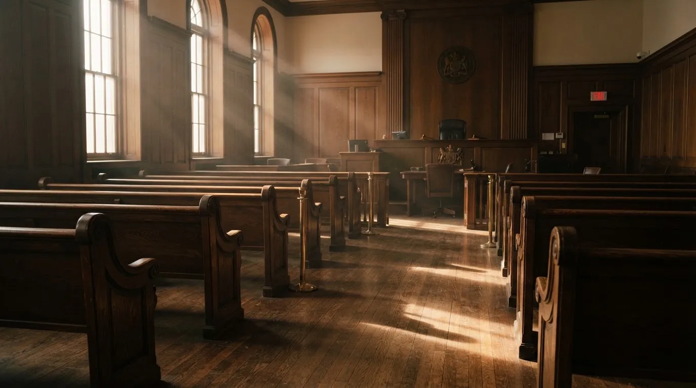 An empty courtroom with wooden benches in morning light