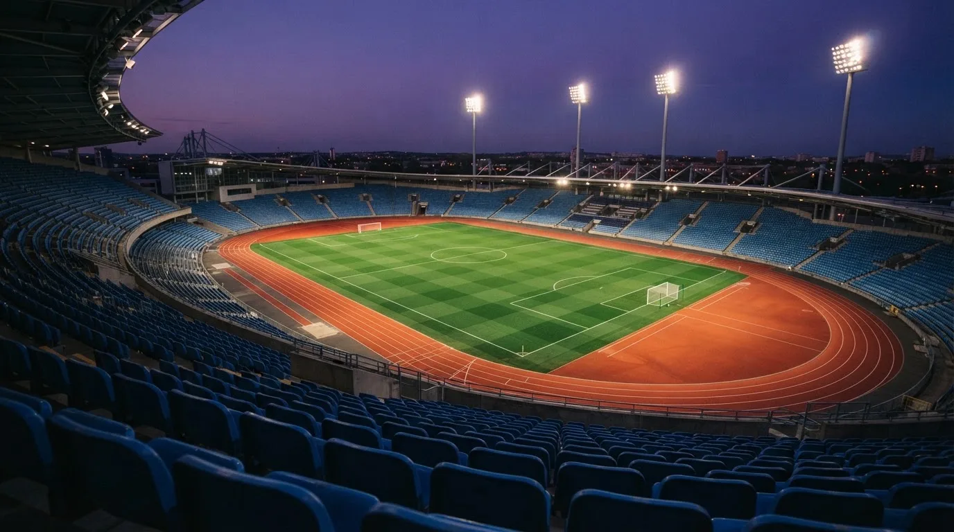 An empty football stadium with floodlight masts at dusk