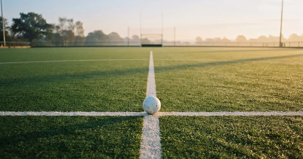 A ball on the centre spot of a grass pitch in morning light