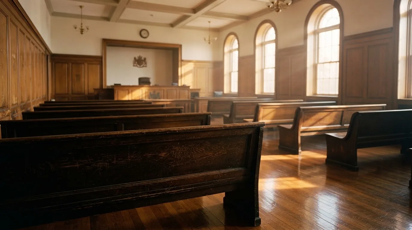 An empty courtroom with wooden benches in morning light