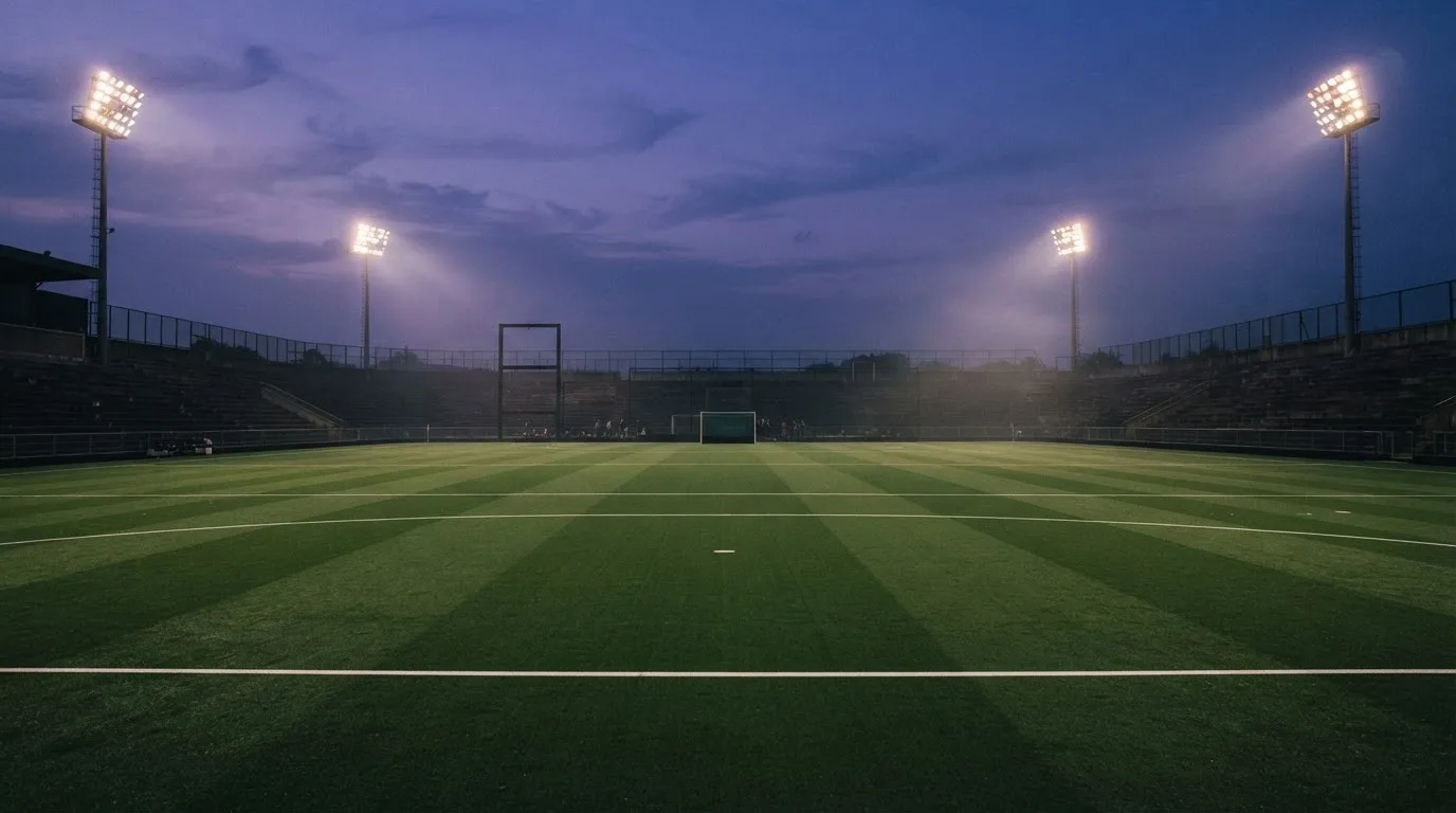 An empty football stadium with floodlight masts at dusk