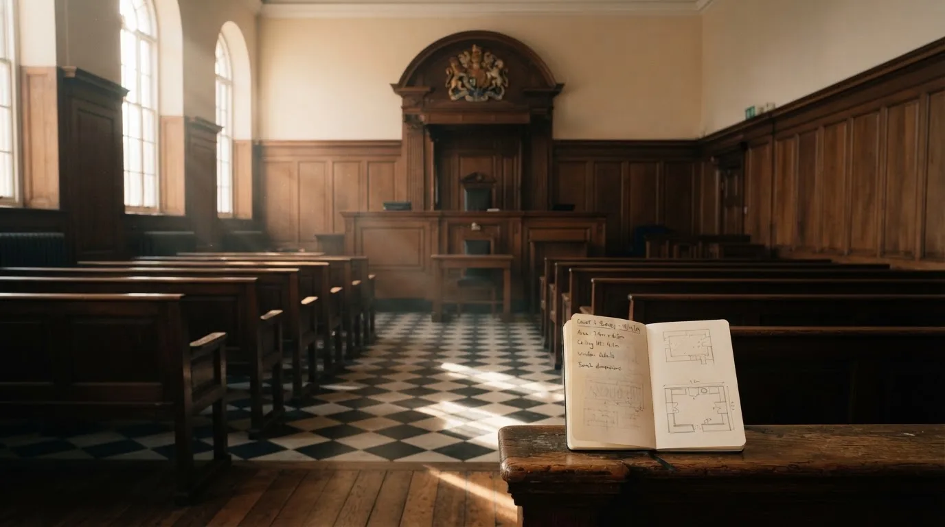 An empty courtroom with wooden benches in morning light