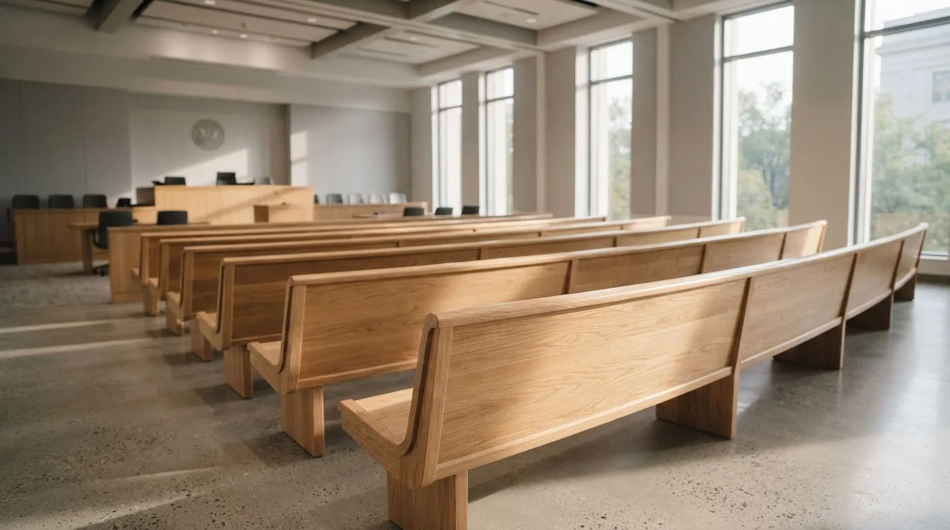 An empty courtroom with wooden benches in morning light