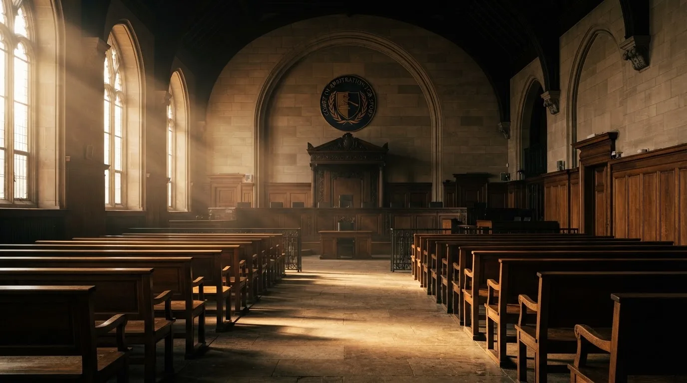 An empty courtroom with wooden benches in morning light