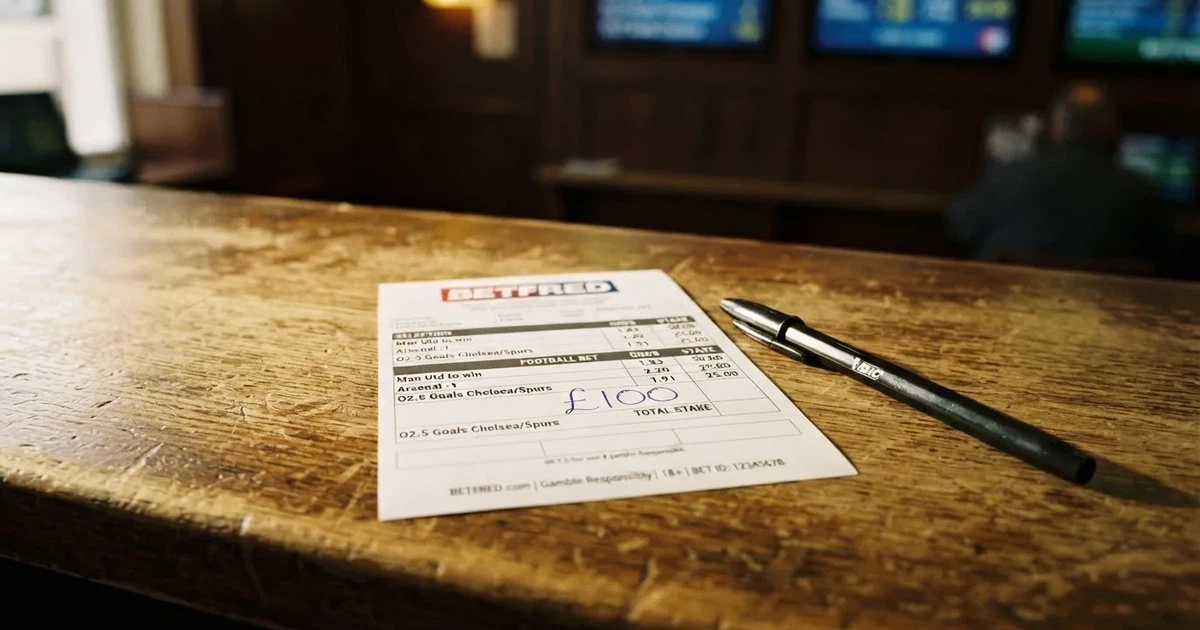 A blank paper betting slip beside a pen on a wooden counter
