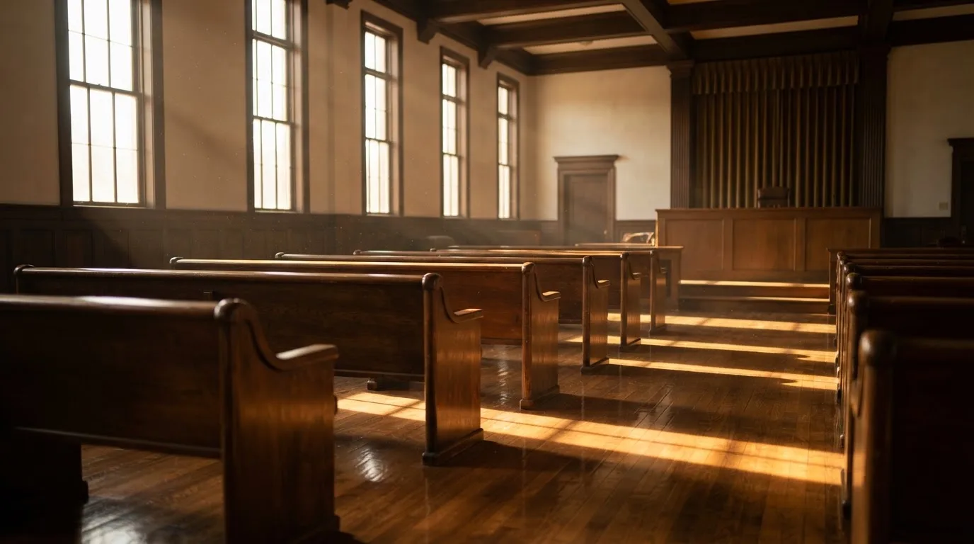 An empty courtroom with wooden benches in morning light