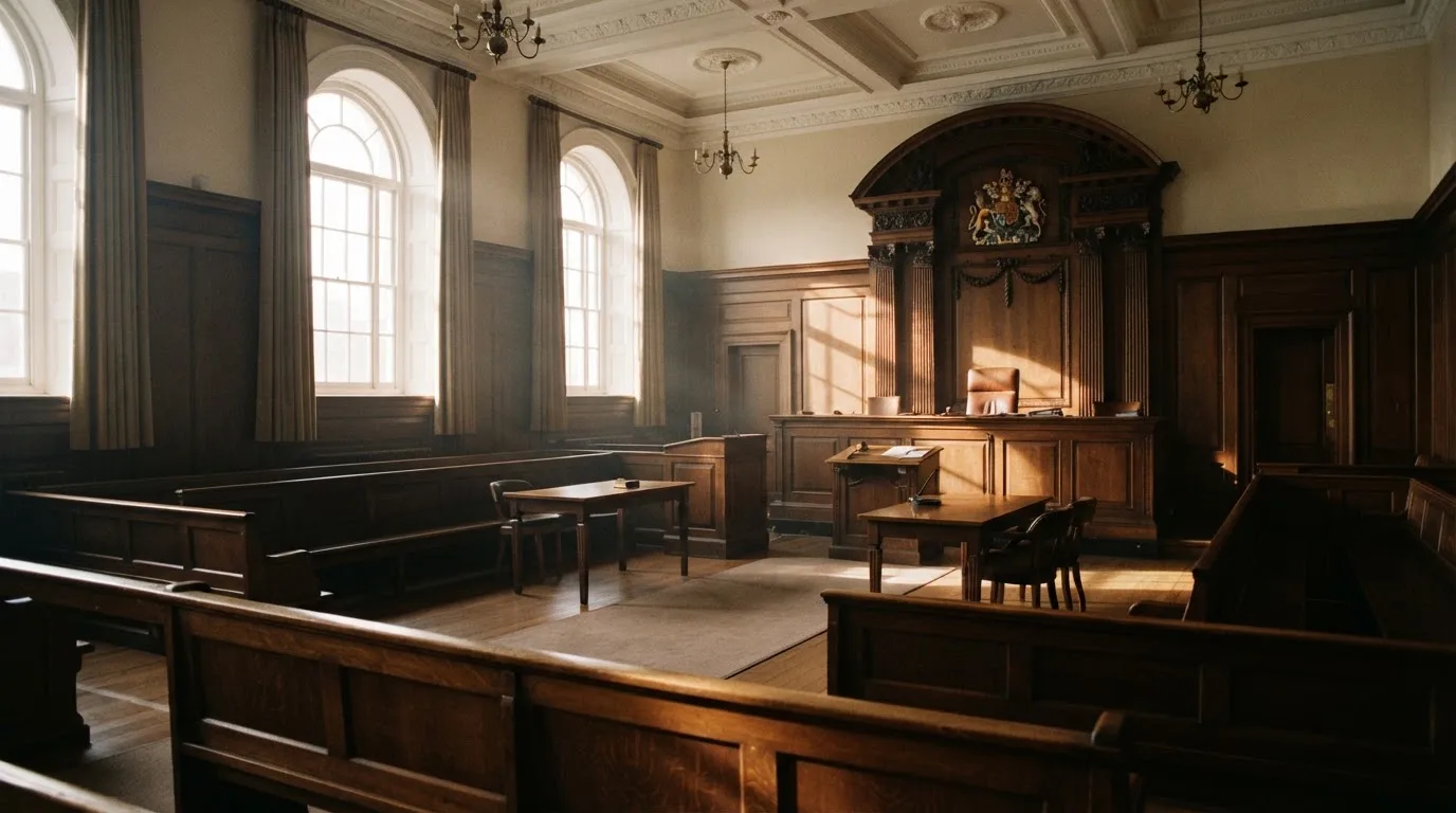An empty courtroom with wooden benches in morning light
