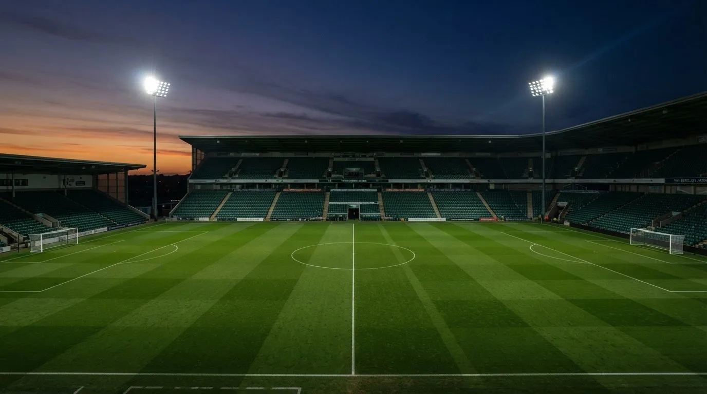 An empty football stadium with floodlight masts at dusk
