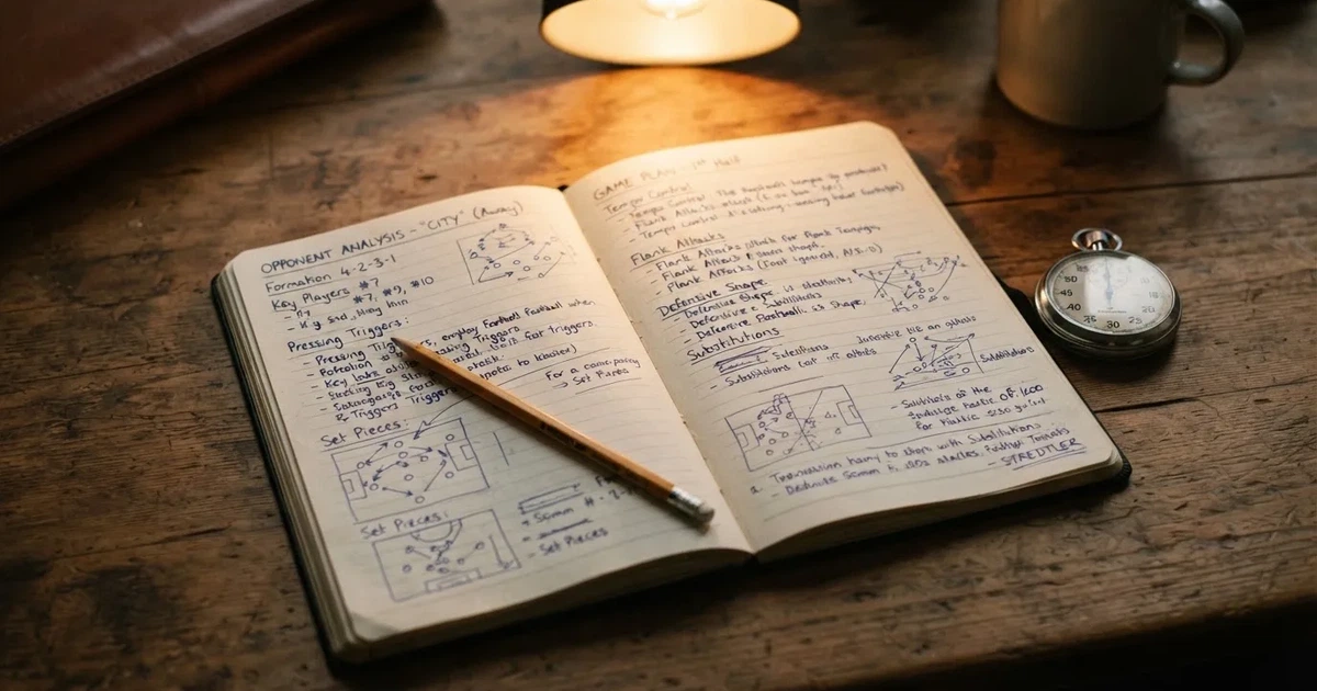 An open notebook with a pencil and a stopwatch on a wooden table