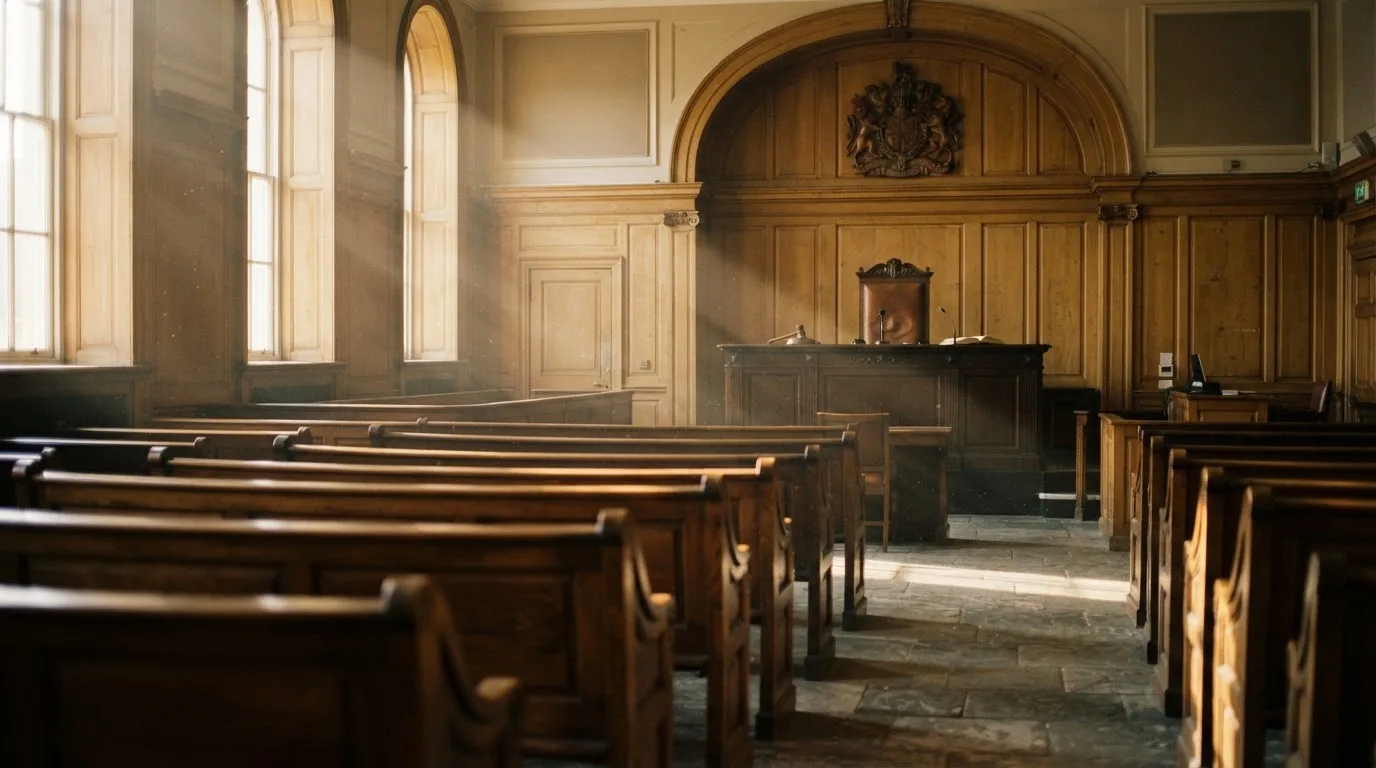 An empty courtroom with wooden benches in morning light