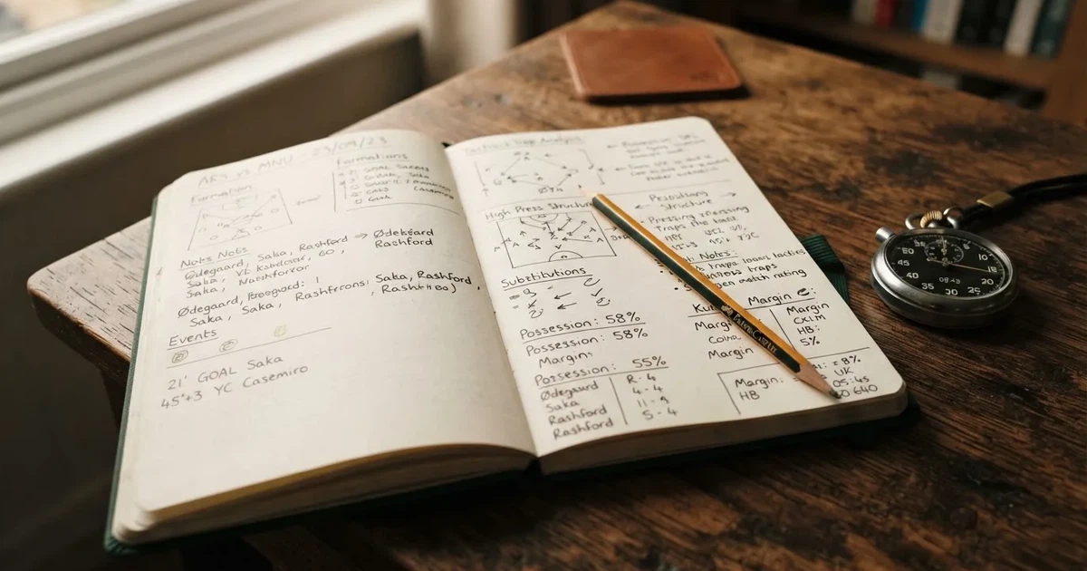 An open notebook with a pencil and a stopwatch on a wooden table