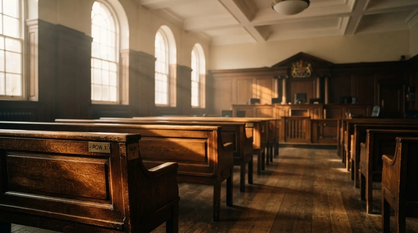 An empty courtroom with wooden benches in morning light