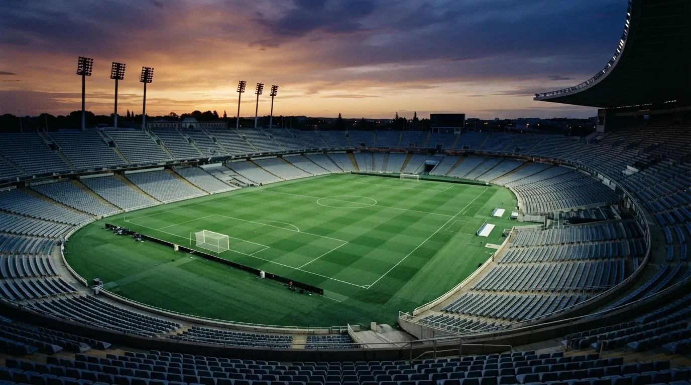 An empty football stadium with floodlight masts at dusk