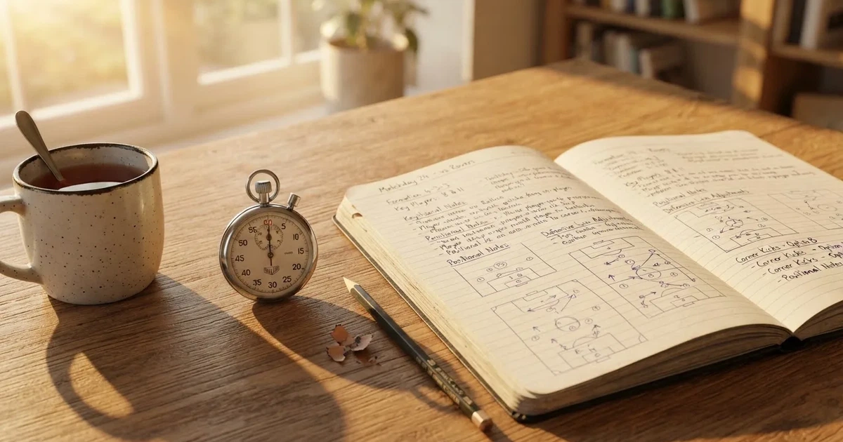 An open notebook with a pencil and a stopwatch on a wooden table