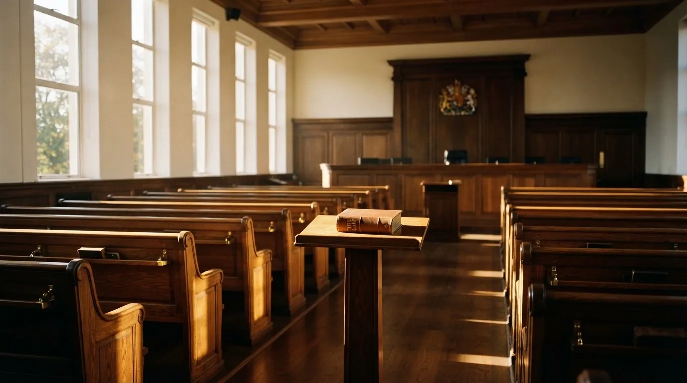 An empty courtroom with wooden benches in morning light