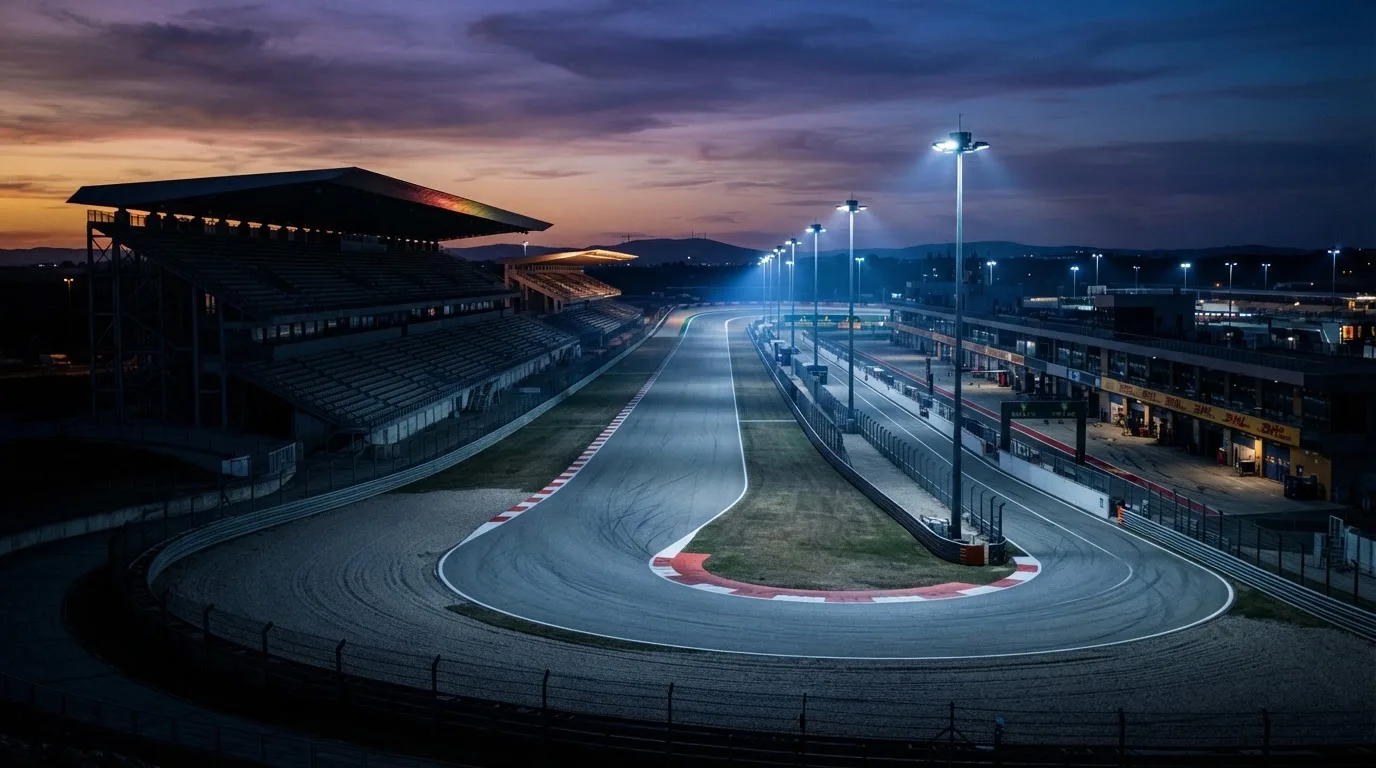 An empty football stadium with floodlight masts at dusk
