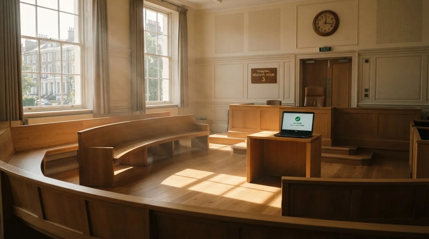 An empty courtroom with wooden benches in morning light