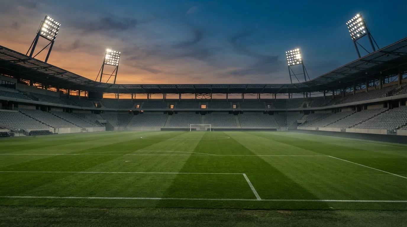 An empty football stadium with floodlight masts at dusk