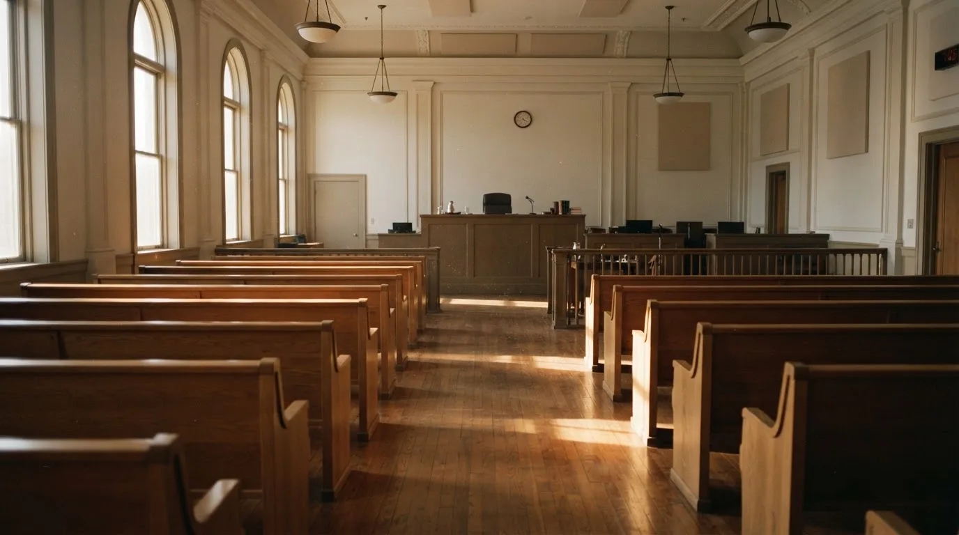 An empty courtroom with wooden benches in morning light