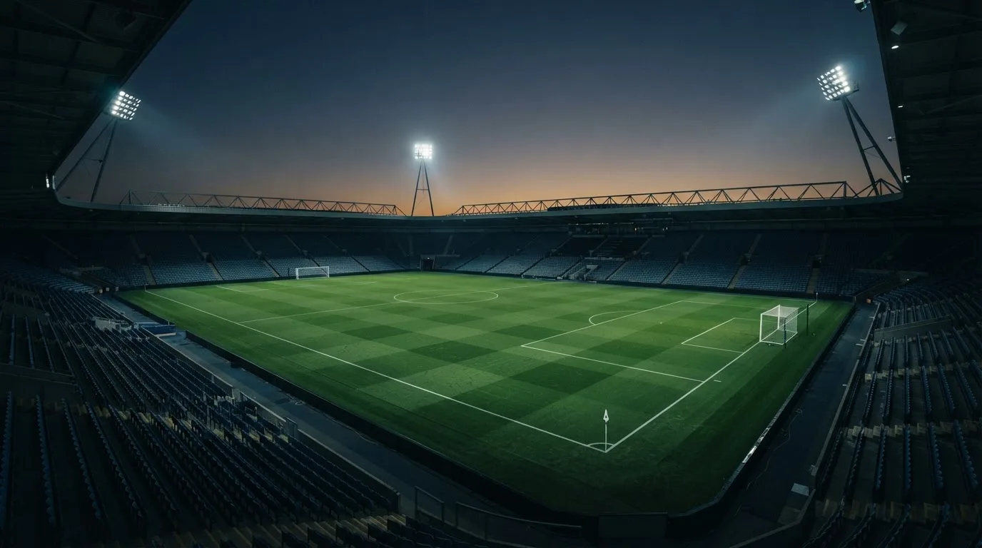 An empty football stadium with floodlight masts at dusk