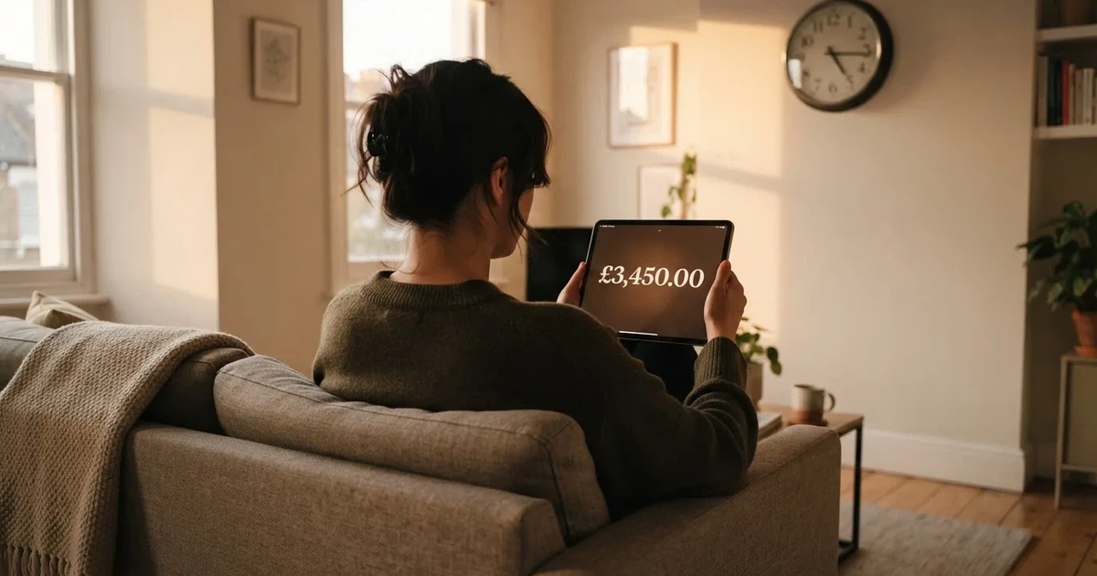 A person on a sofa looking thoughtfully at a tablet, a wall clock in the background