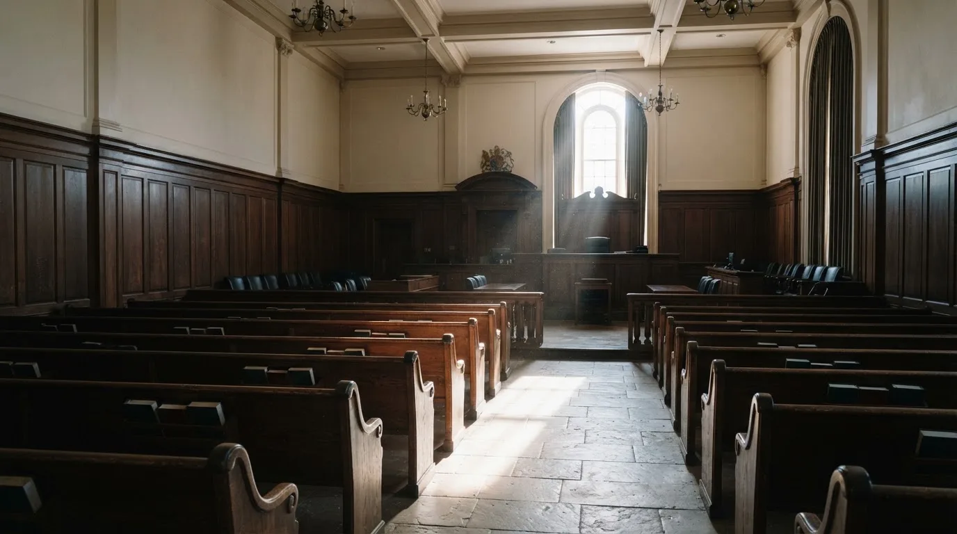 An empty courtroom with wooden benches in morning light