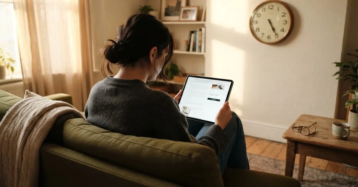 A person on a sofa looking thoughtfully at a tablet, a wall clock in the background