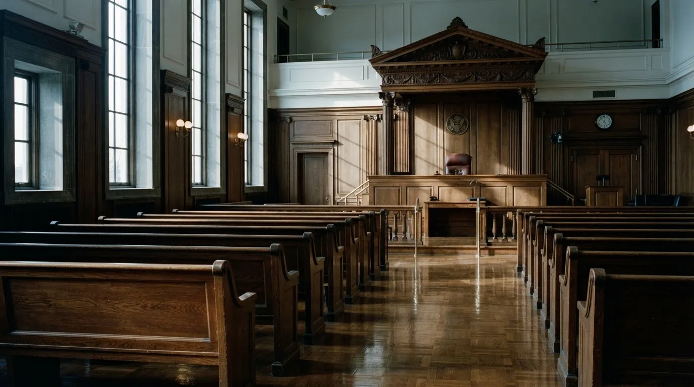 An empty courtroom with wooden benches in morning light