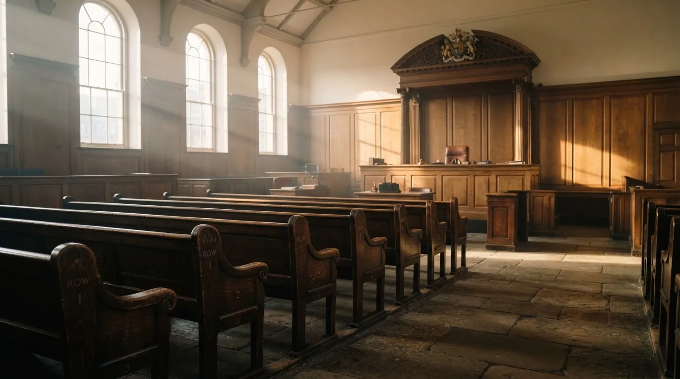 An empty courtroom with wooden benches in morning light